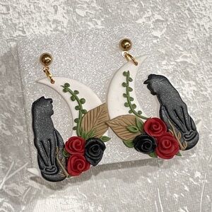 Black Cat Moon Clay Earrings Red Black Roses Eclectic Whimsigoth Pinup Art